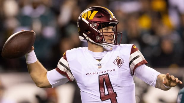 Washington Commanders quarterback Taylor Heinicke throws a pass during the game vs. the Eagles.
